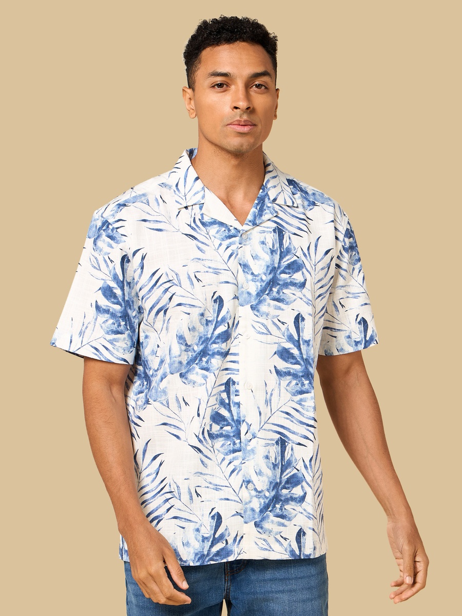 Leaf Print Regular Fit Slub Shirt with Camp Collar