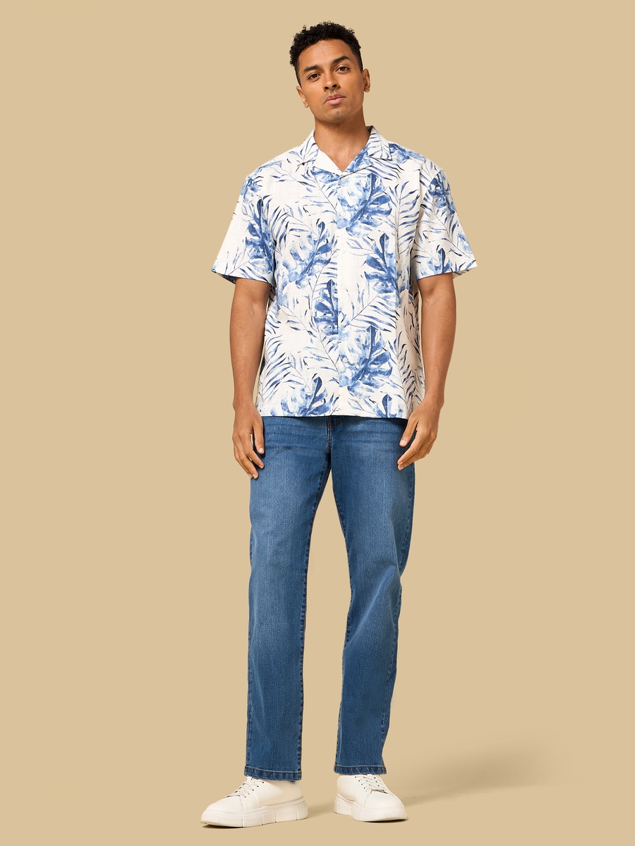 Leaf Print Regular Fit Slub Shirt with Camp Collar