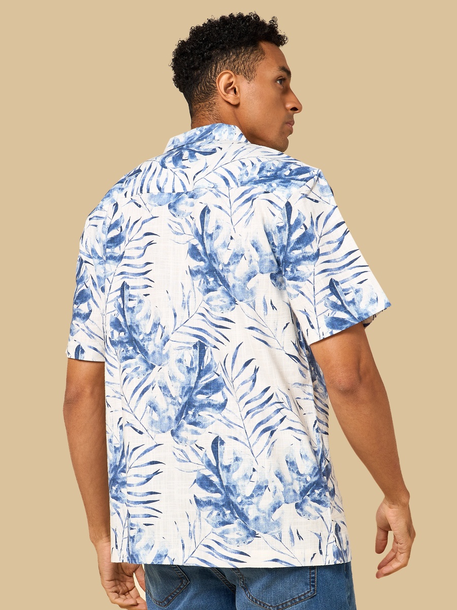 Leaf Print Regular Fit Slub Shirt with Camp Collar