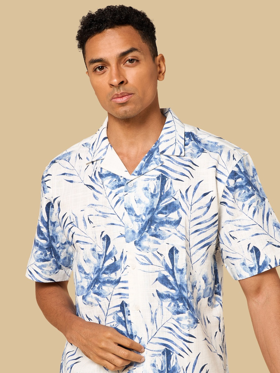Leaf Print Regular Fit Slub Shirt with Camp Collar