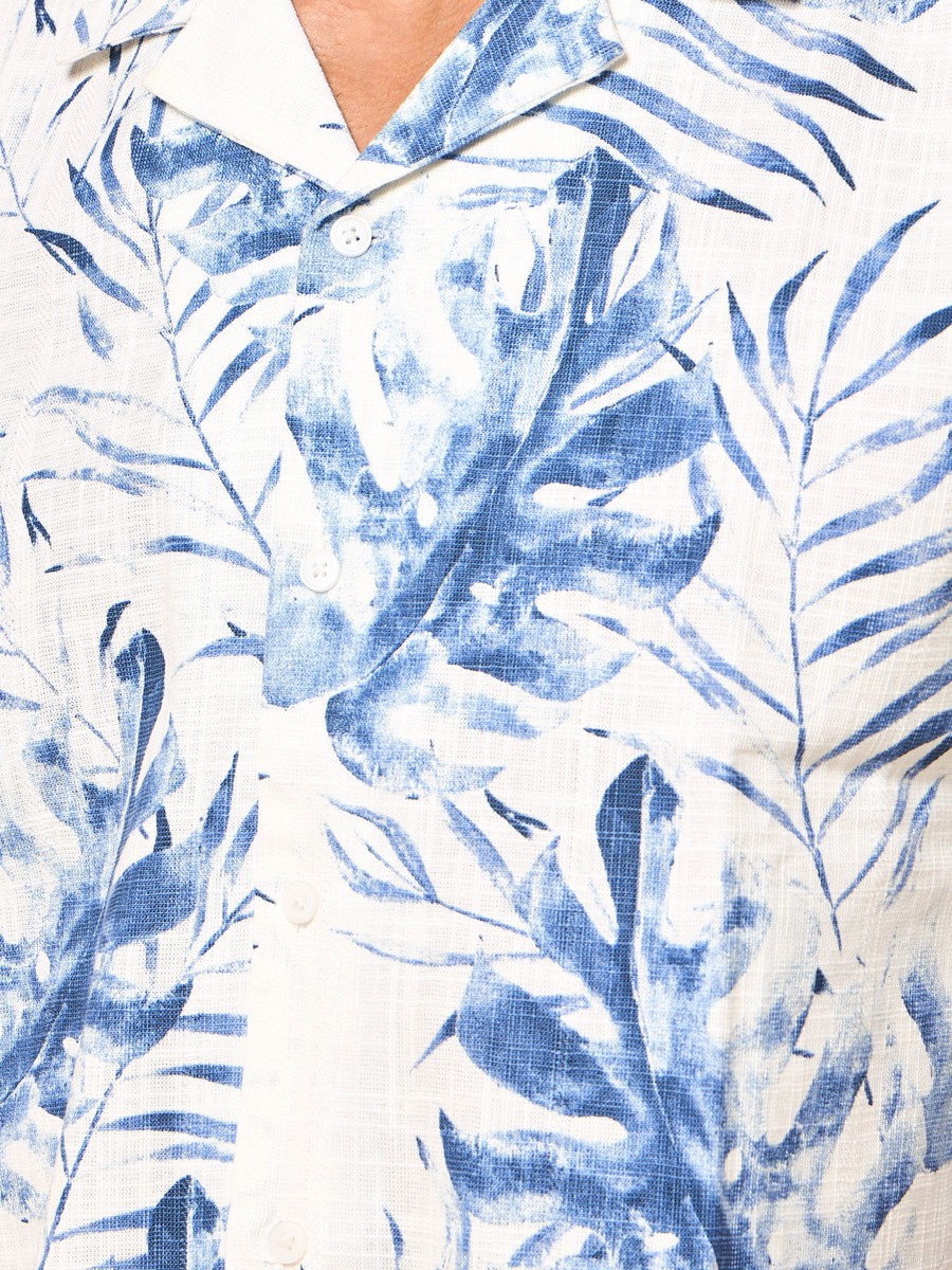 Leaf Print Regular Fit Slub Shirt with Camp Collar