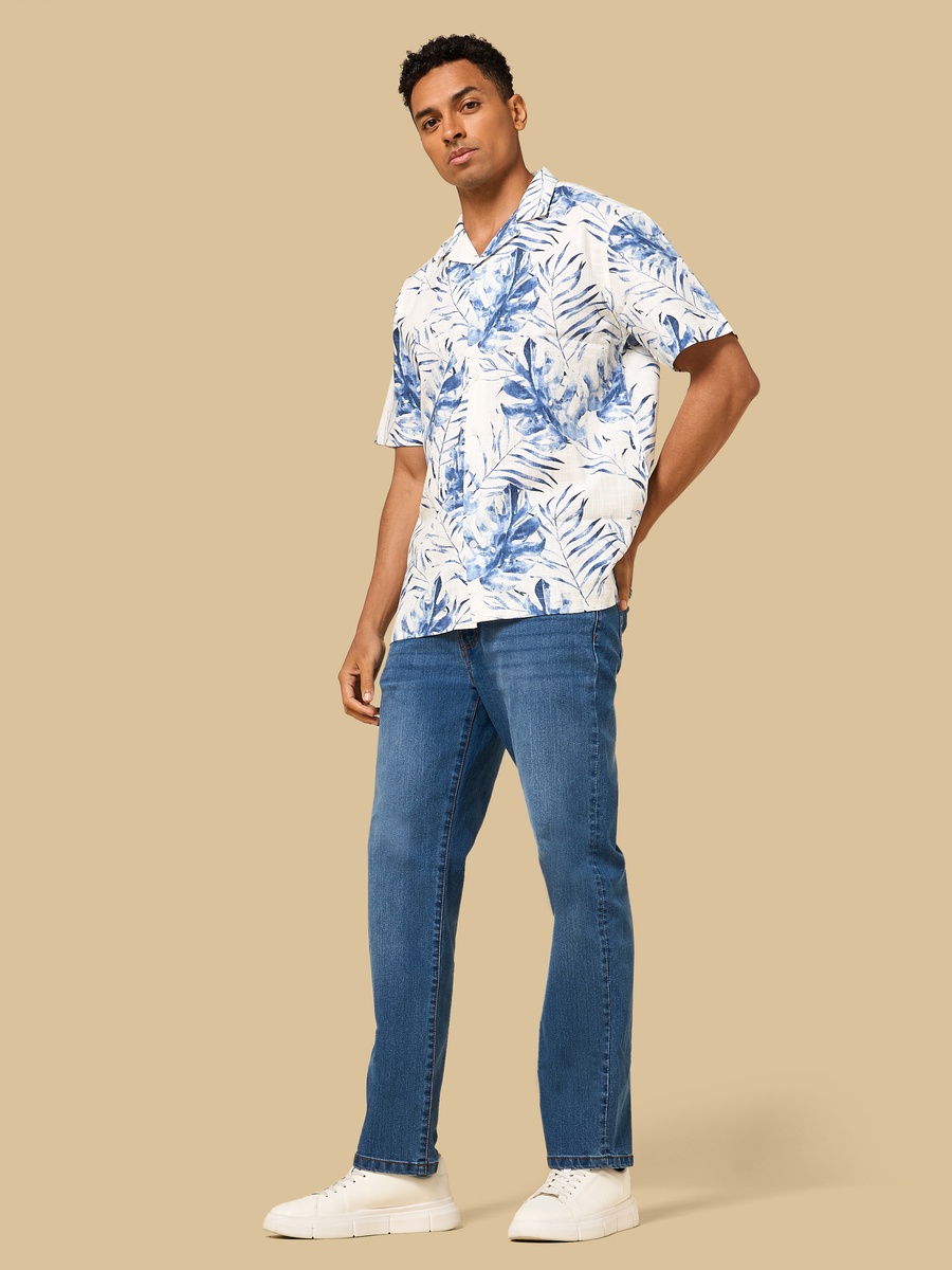 Leaf Print Regular Fit Slub Shirt with Camp Collar