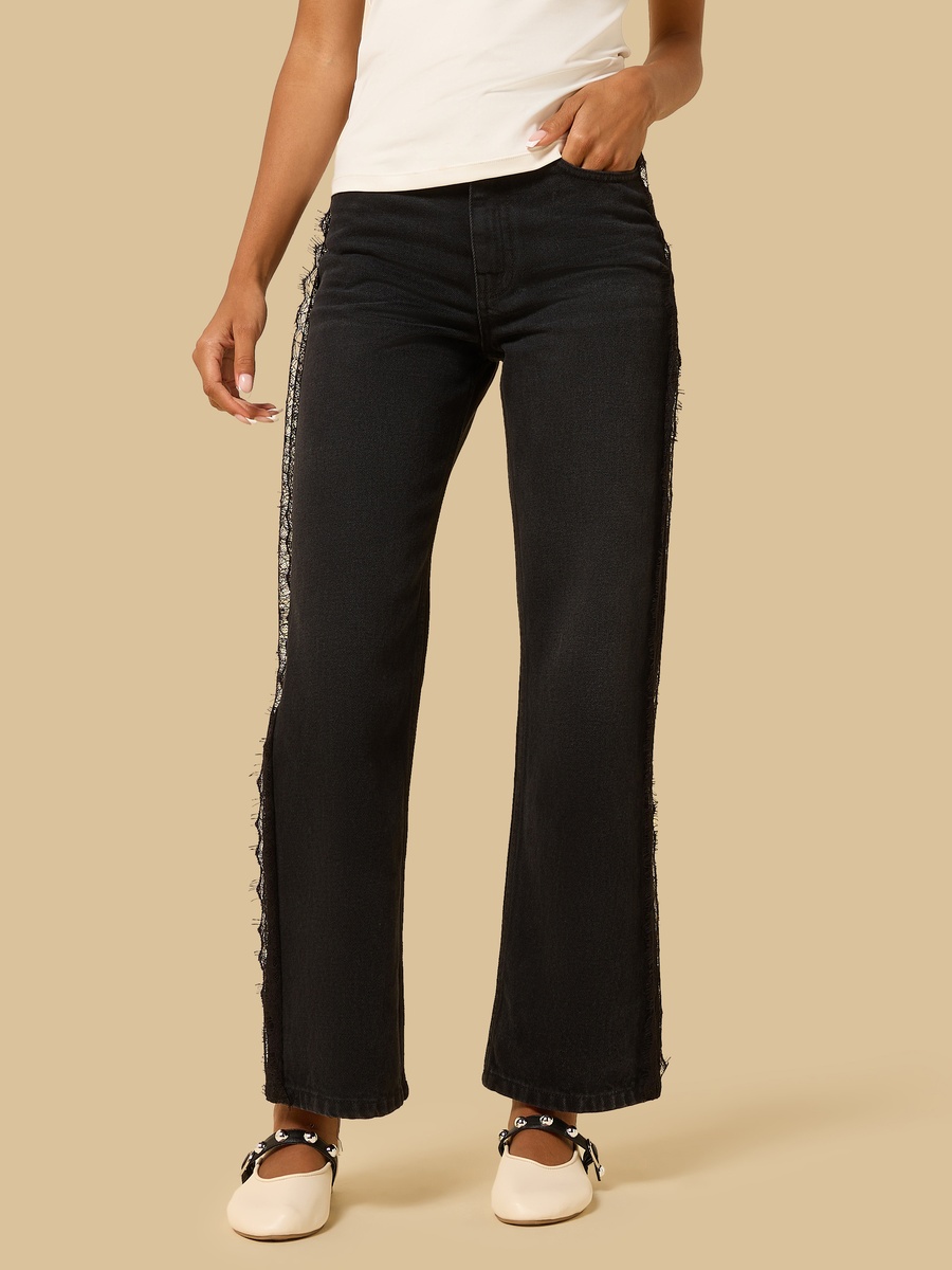 Black Straight Jeans with Side Lace Tape