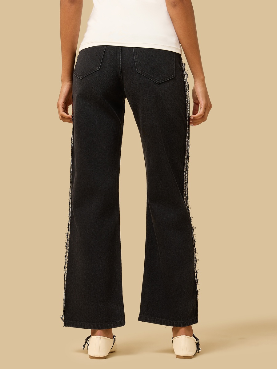Black Straight Jeans with Side Lace Tape