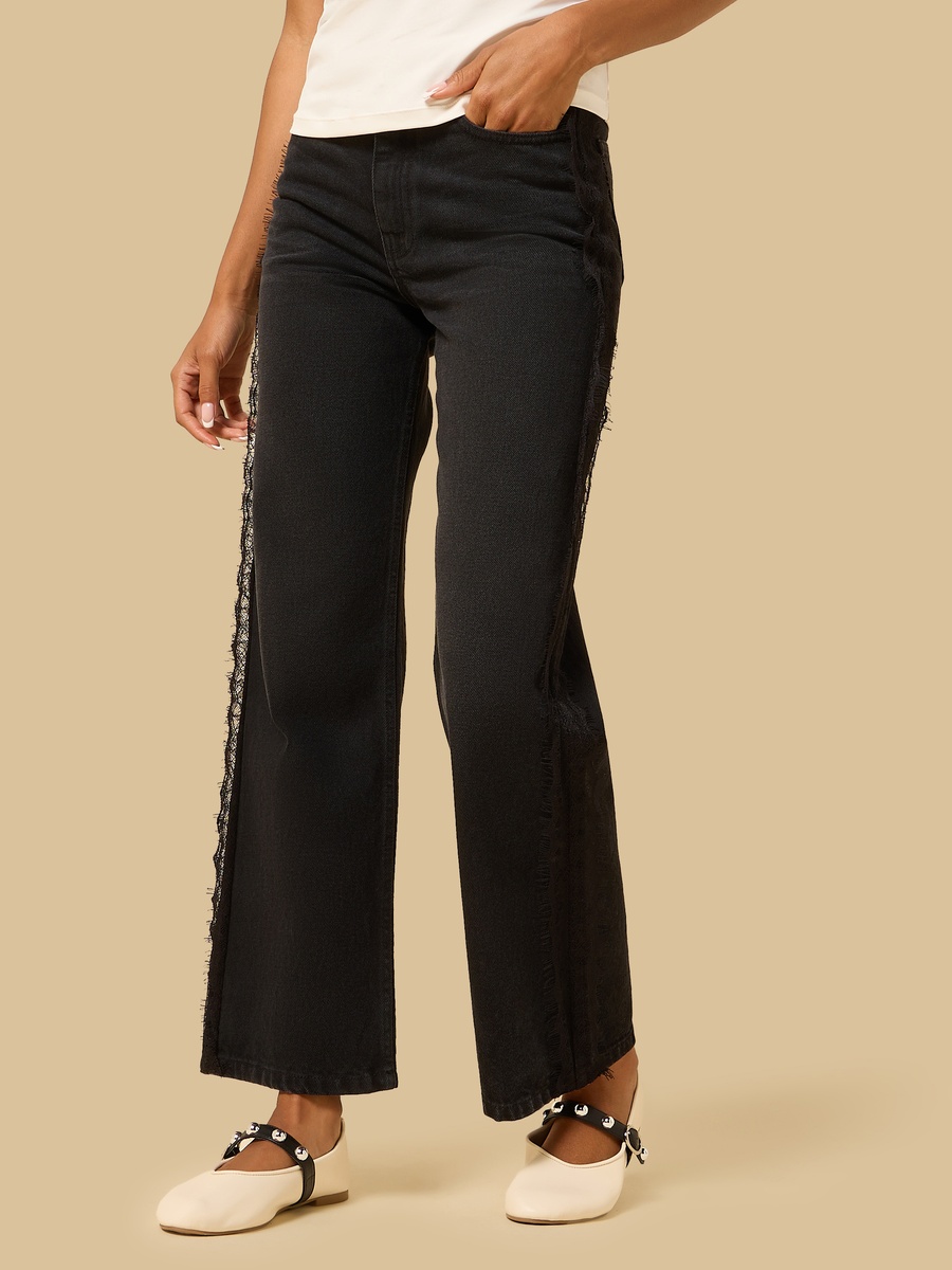 Black Straight Jeans with Side Lace Tape