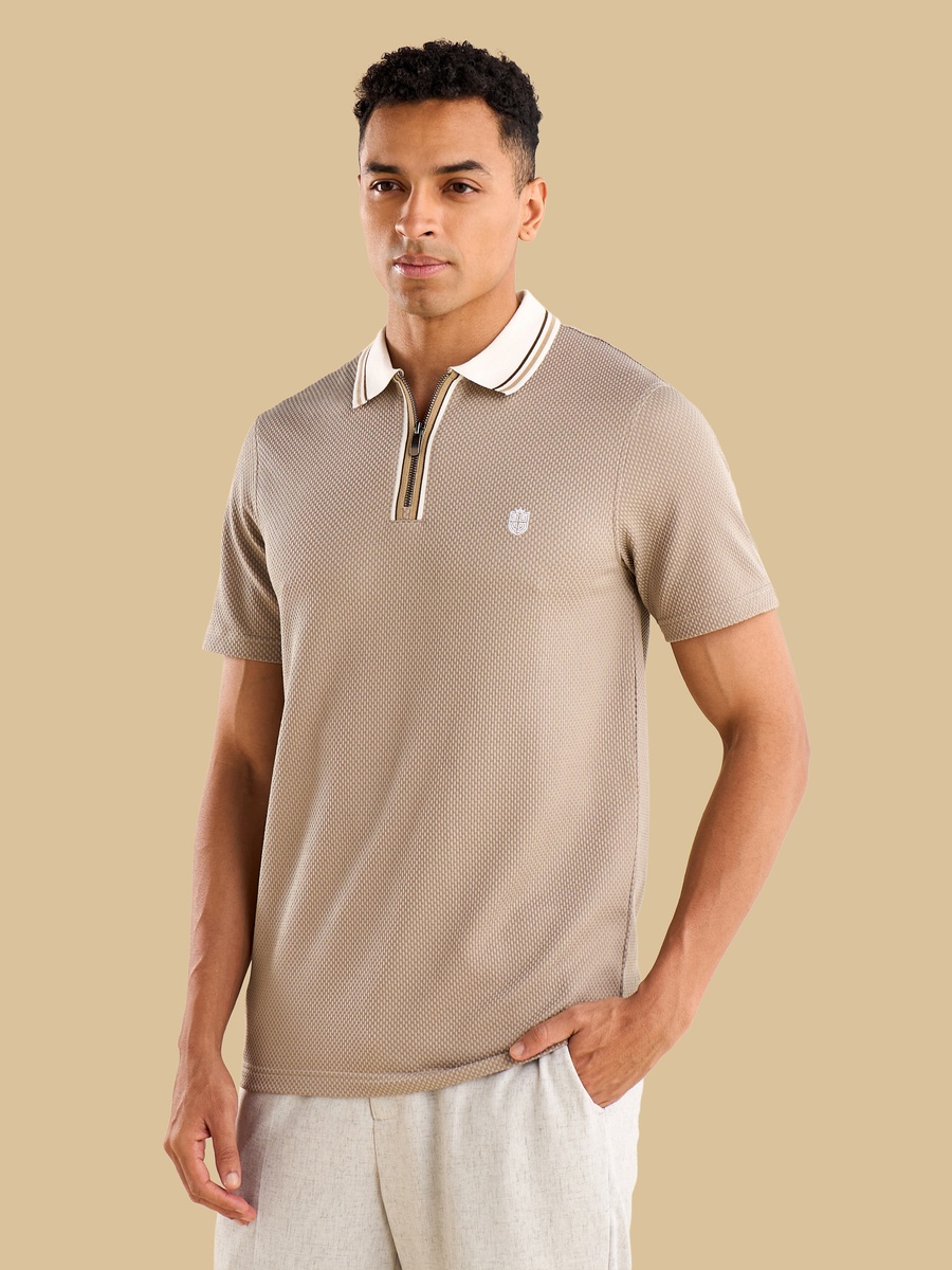 Textured Half Zip Polo T-Shirt with Tipping Detail