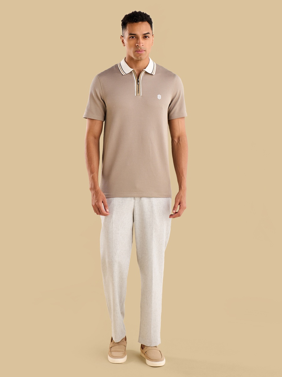 Textured Half Zip Polo T-Shirt with Tipping Detail