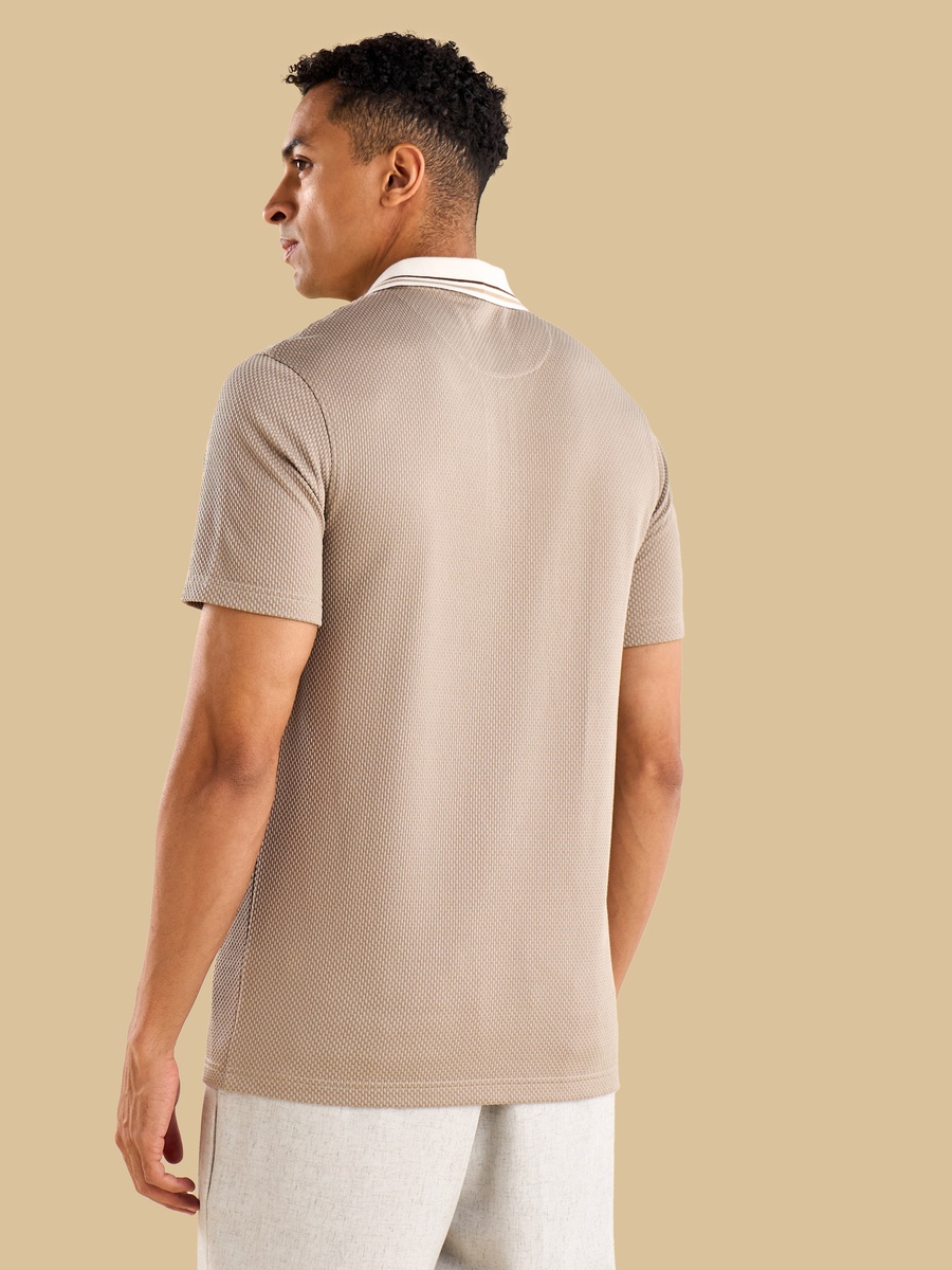 Textured Half Zip Polo T-Shirt with Tipping Detail