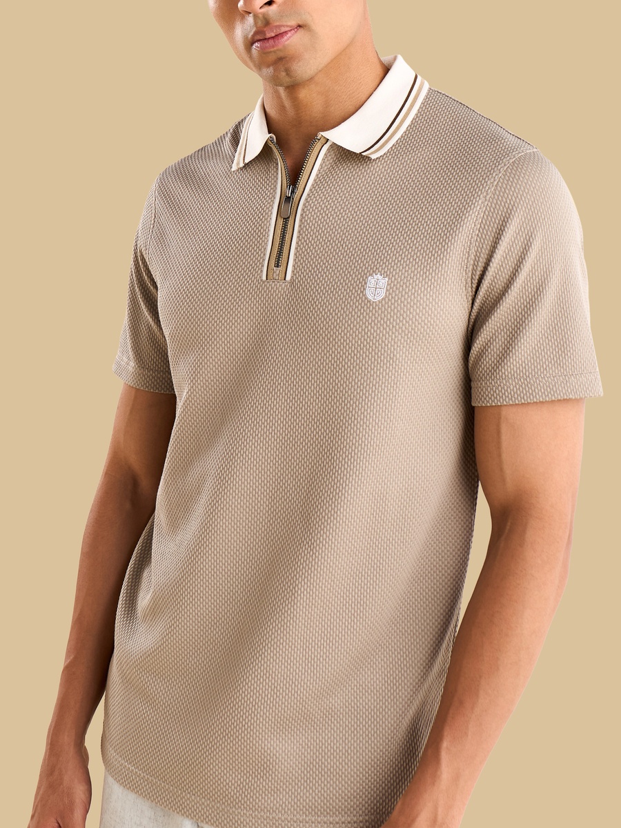 Textured Half Zip Polo T-Shirt with Tipping Detail