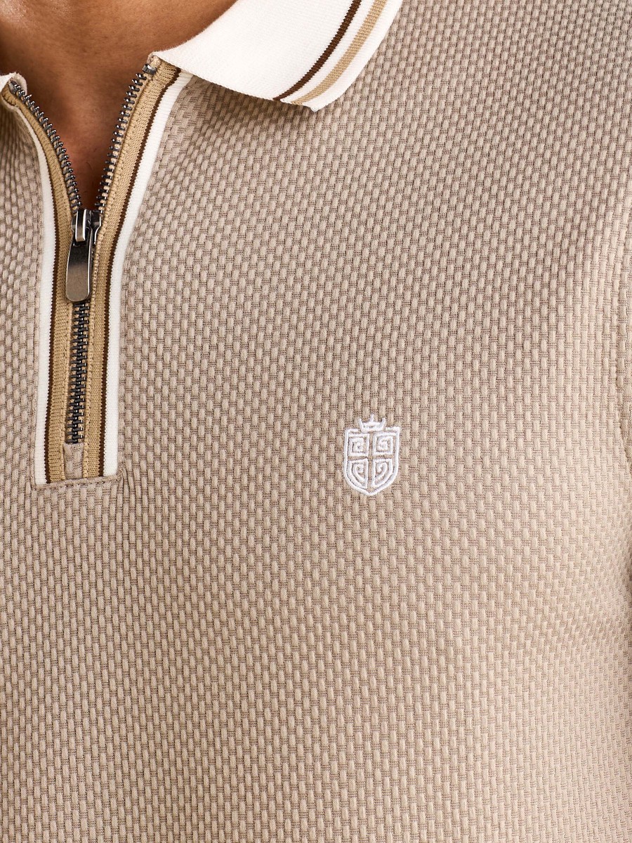 Textured Half Zip Polo T-Shirt with Tipping Detail