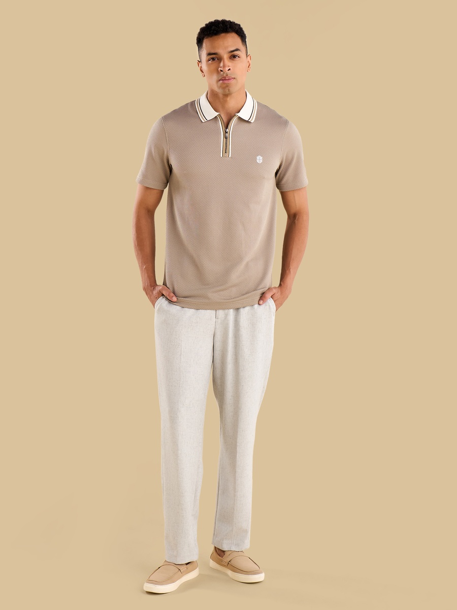 Textured Half Zip Polo T-Shirt with Tipping Detail