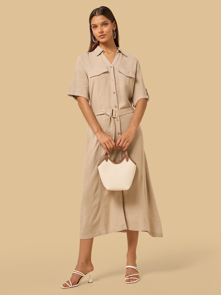 Linen Blend Belted Shirt Dress