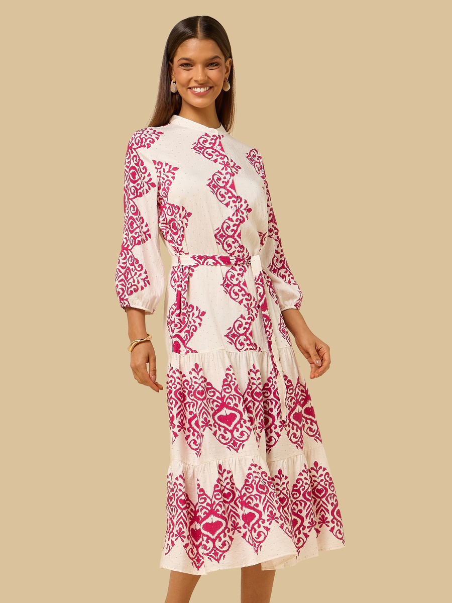 Embellished Belted Midi Dress with Mandarin Collar
