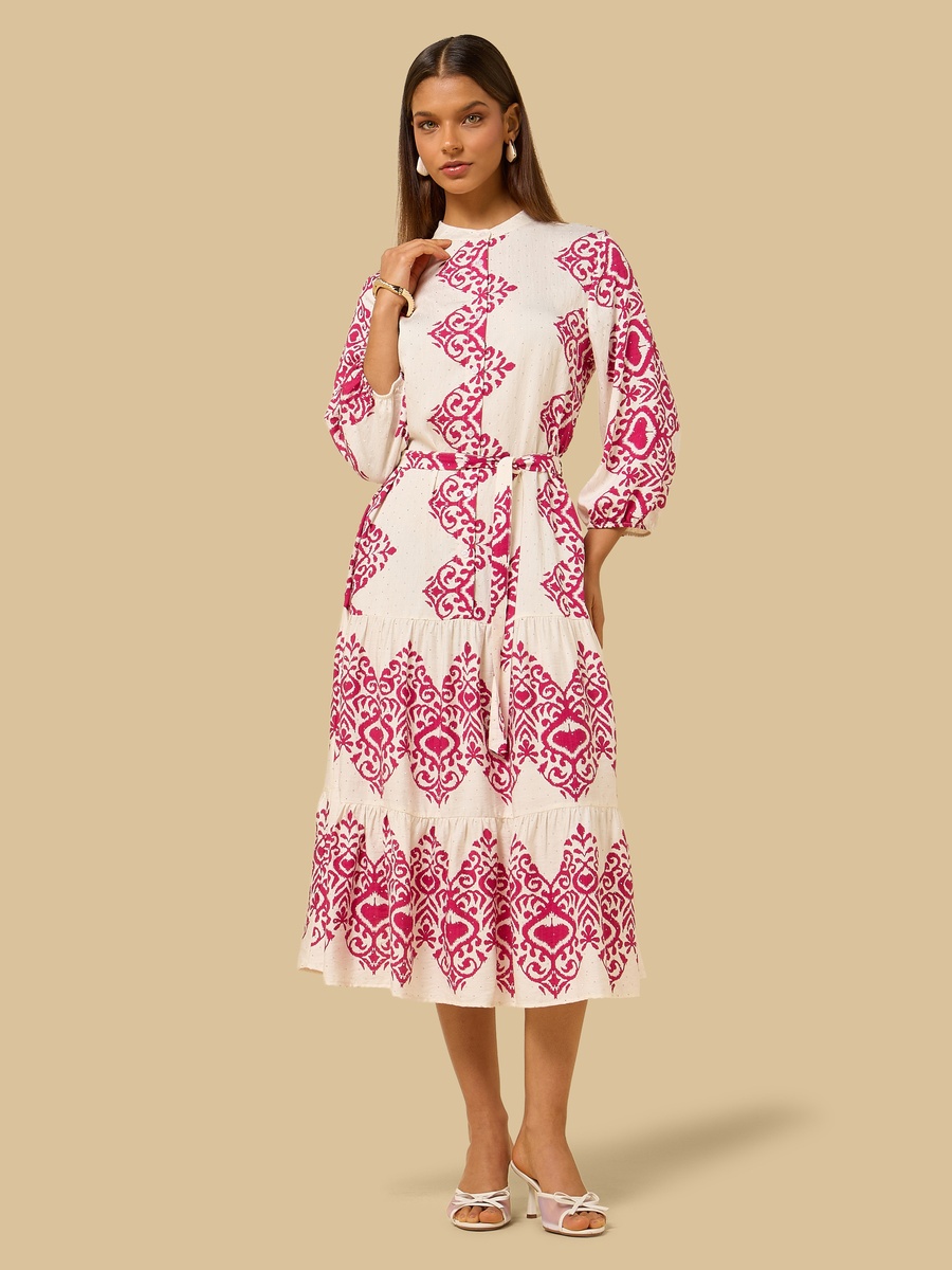 Embellished Belted Midi Dress with Mandarin Collar