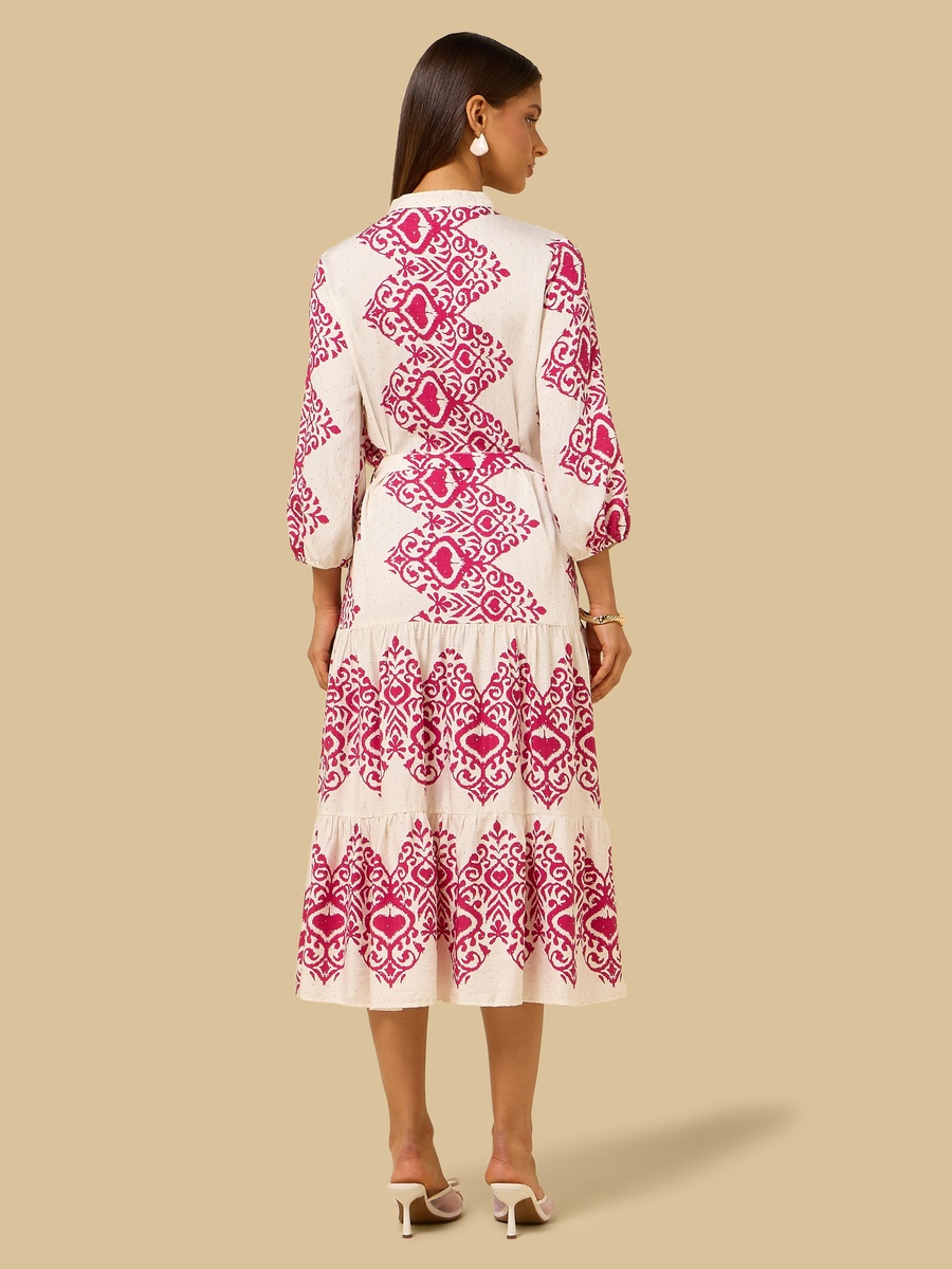 Embellished Belted Midi Dress with Mandarin Collar