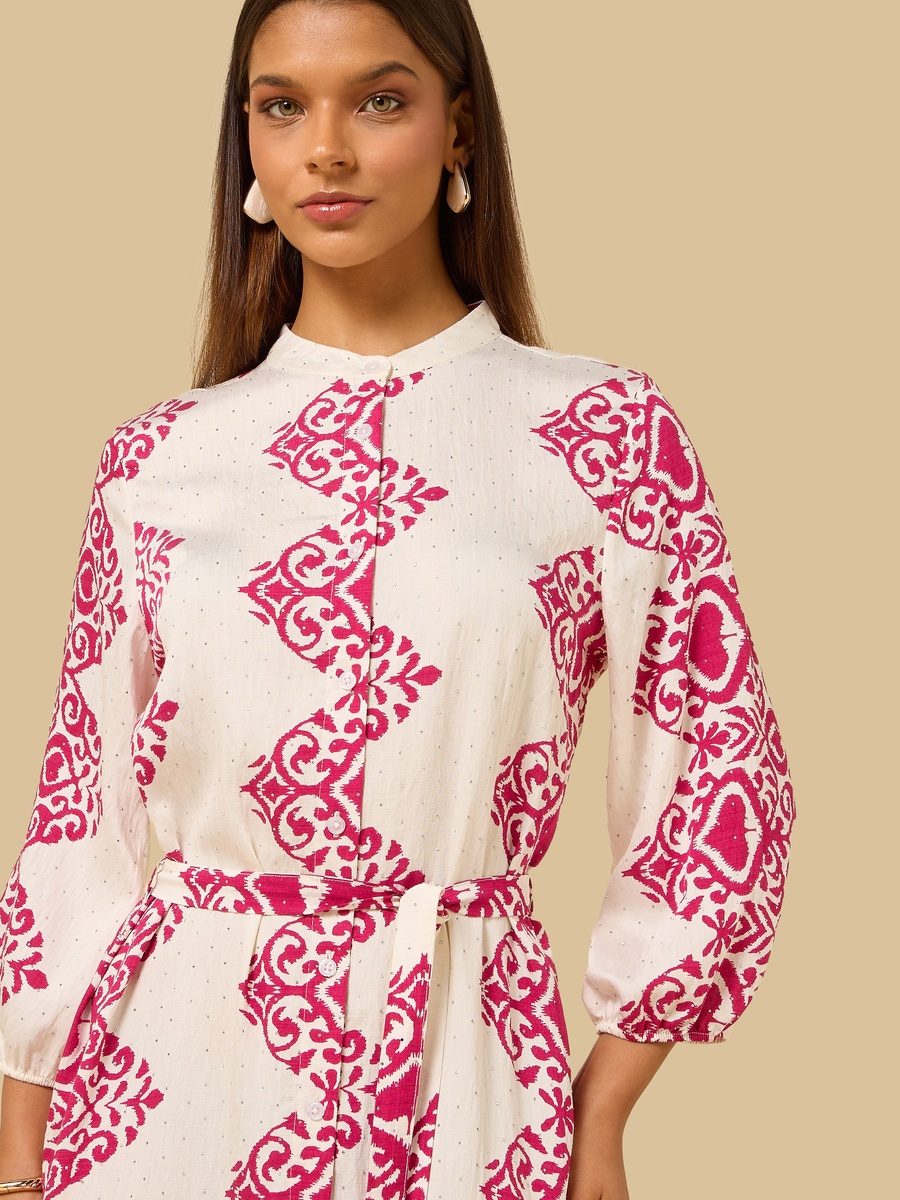 Embellished Belted Midi Dress with Mandarin Collar