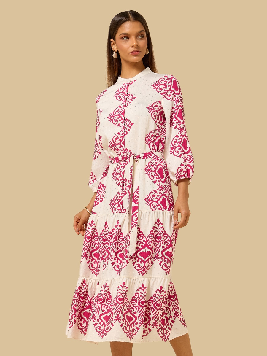 Embellished Belted Midi Dress with Mandarin Collar