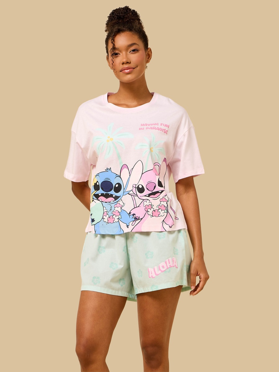 Stitch and Angel Print Cotton Shorts Set