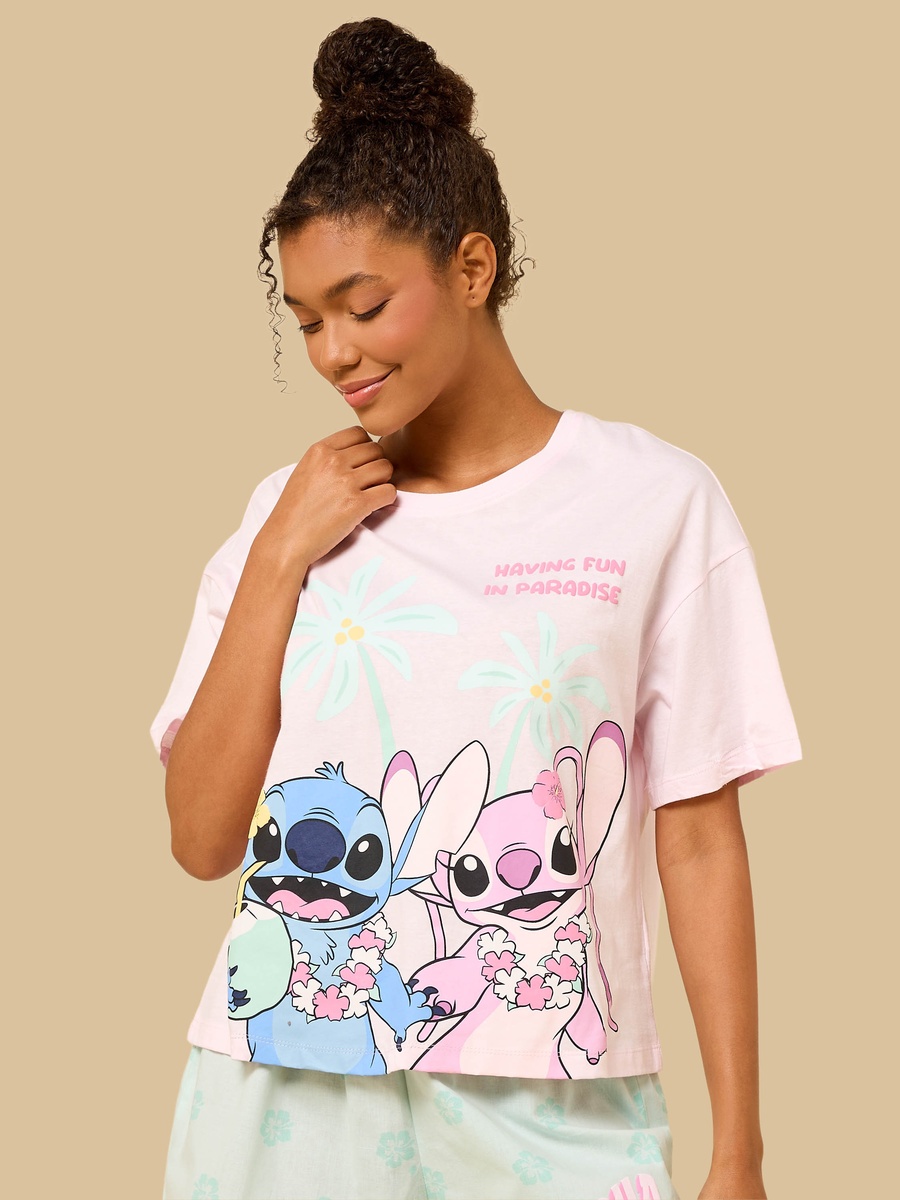 Stitch and Angel Print Cotton Shorts Set