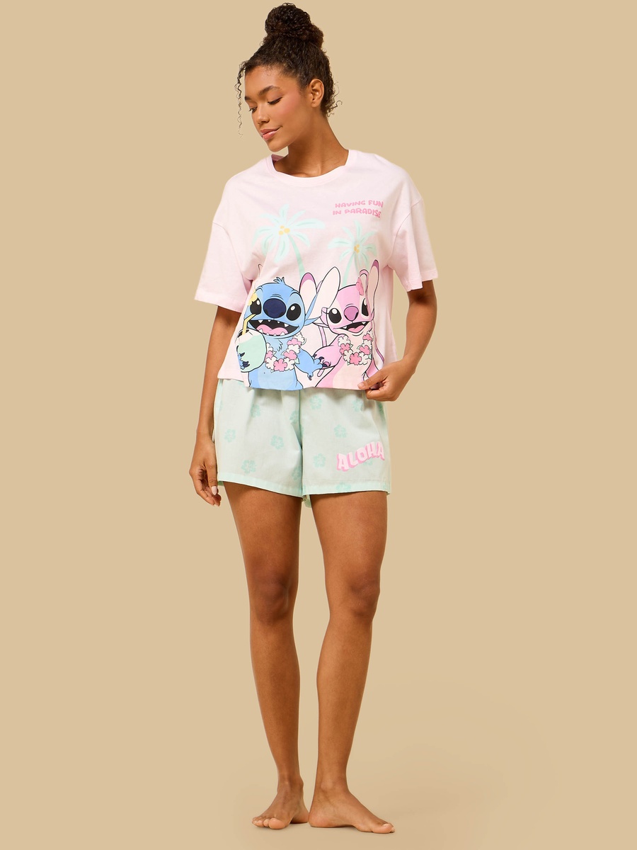 Stitch and Angel Print Cotton Shorts Set