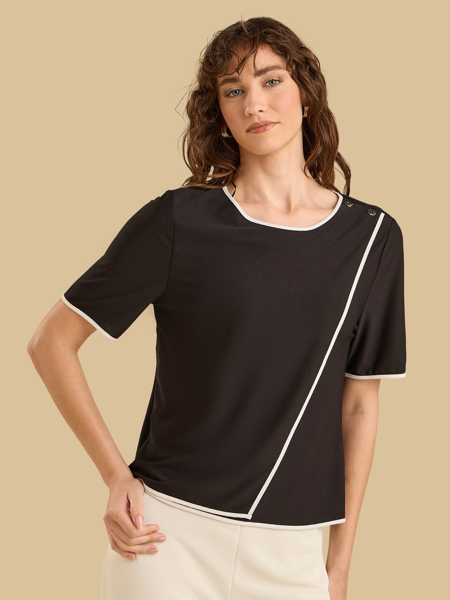Contrast Piping Button Accent Wrap Top