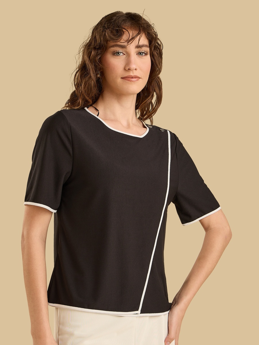 Contrast Piping Button Accent Wrap Top