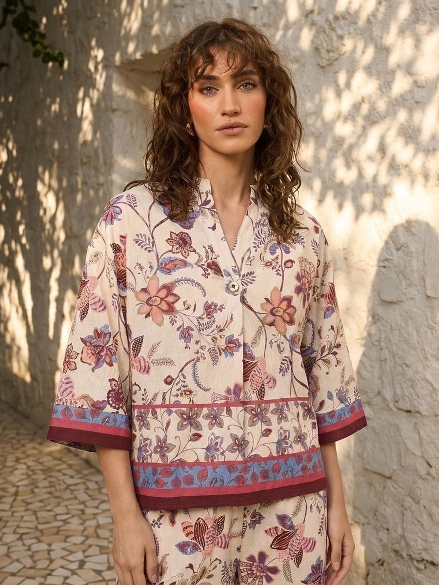 Floral Print V Neck Top with 3/4 Sleeves
