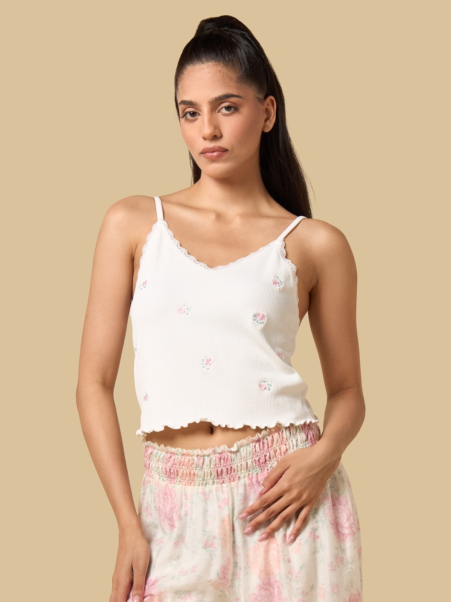 Floral Embroidered Lace Trim Top