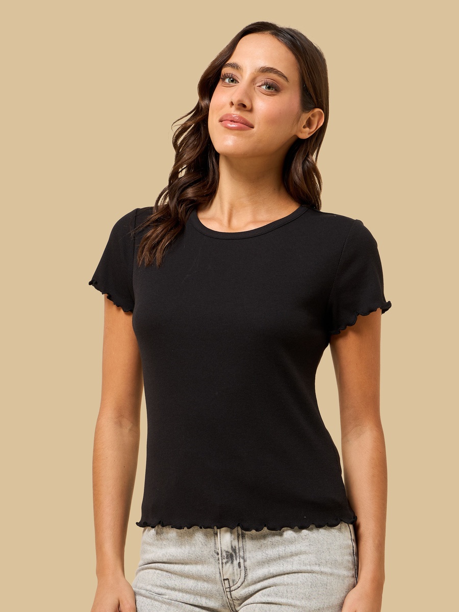 Ribbed T-Shirt with Lettuce Hem