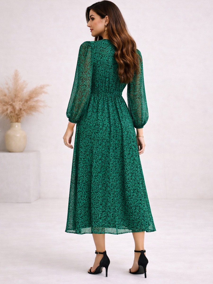 Green V Neck Maxi Dress with Tie-Belt