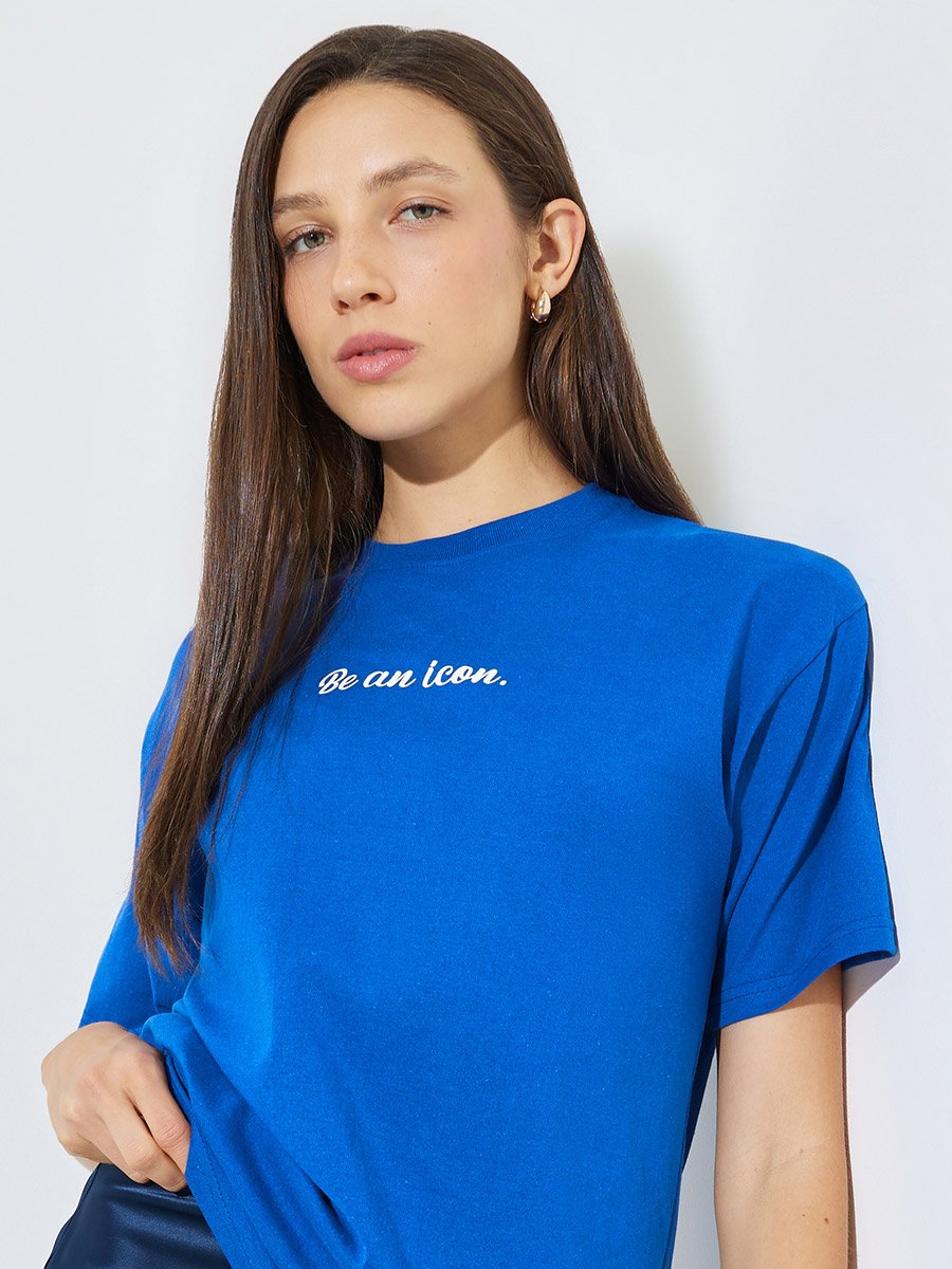 Blue Slogan Print Short Sleeves Oversized T-Shirt