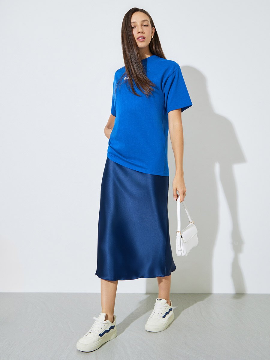 Blue Slogan Print Short Sleeves Oversized T-Shirt