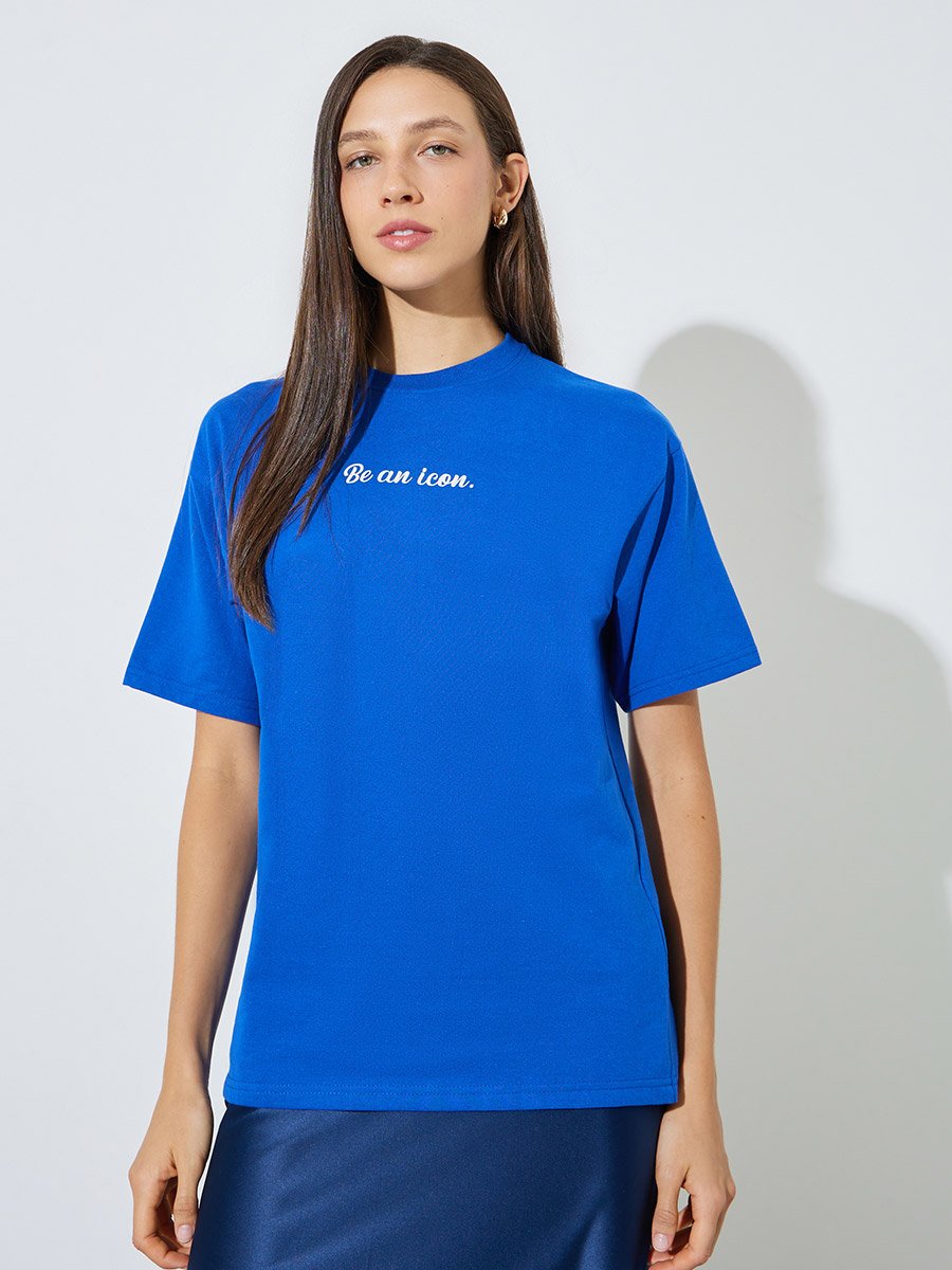 Blue Slogan Print Short Sleeves Oversized T-Shirt