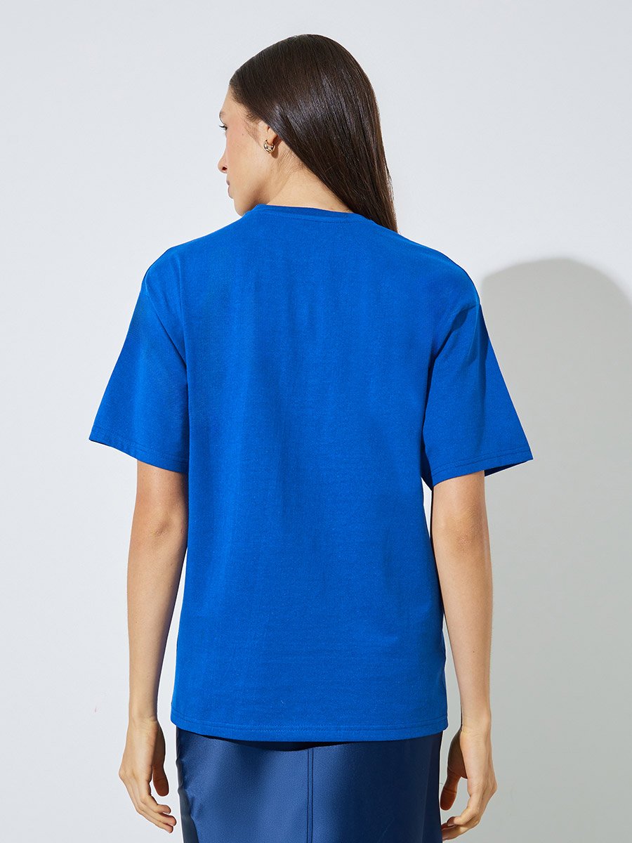 Blue Slogan Print Short Sleeves Oversized T-Shirt