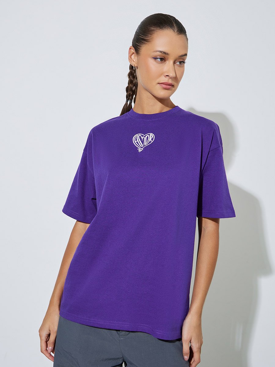 Purple Round Neck Embroidered Oversized T-Shirt
