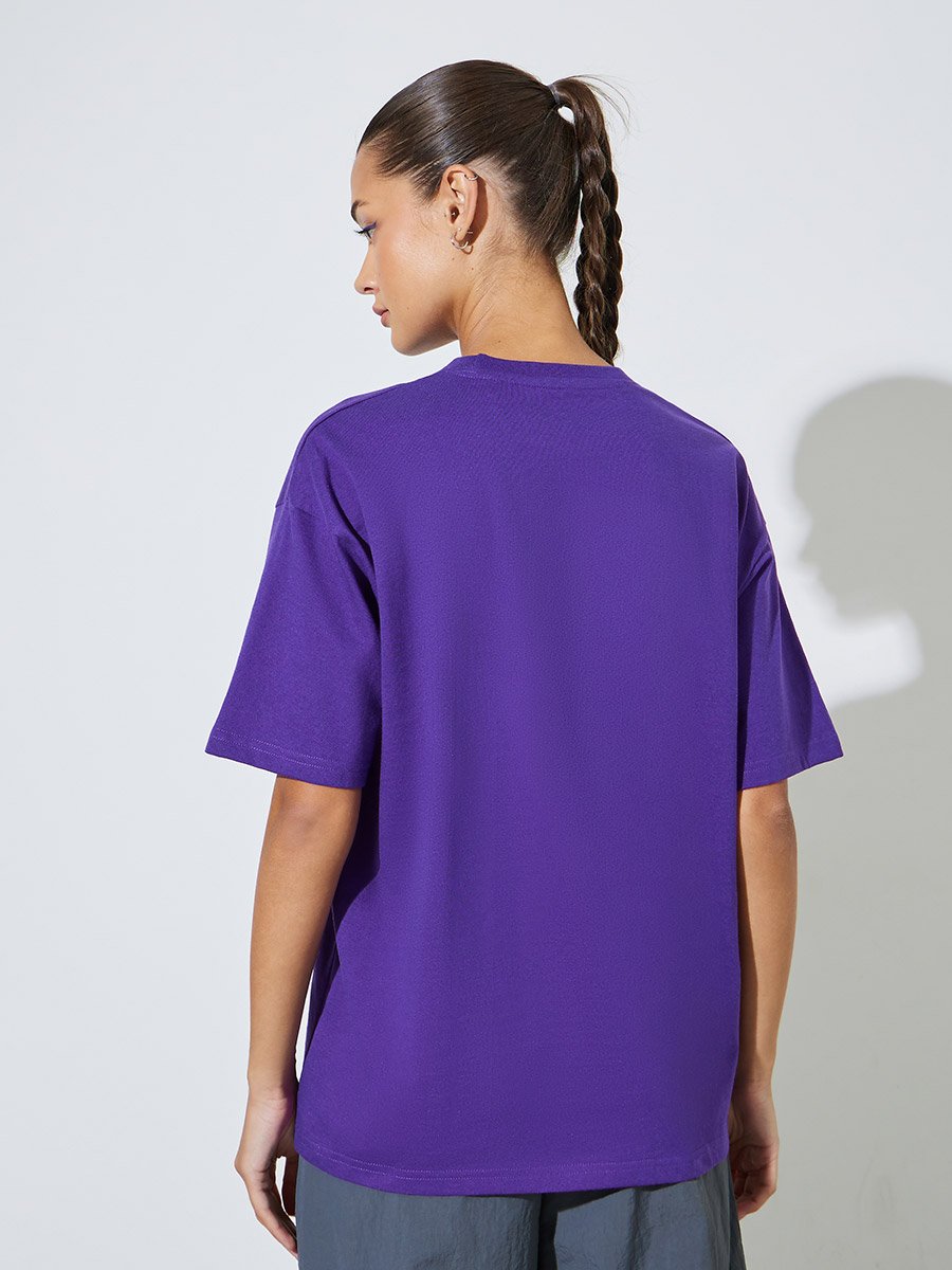 Purple Round Neck Embroidered Oversized T-Shirt