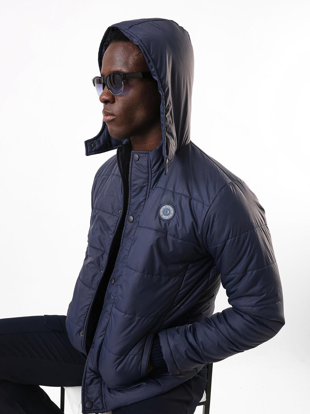 Men Blue Solid Snap Button Puffer Jacket