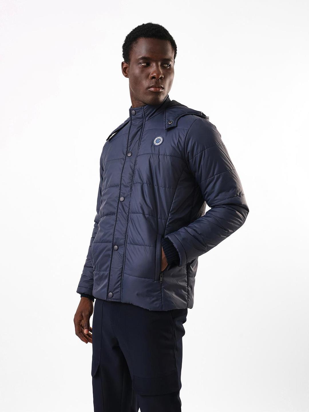 Men Blue Solid Snap Button Puffer Jacket