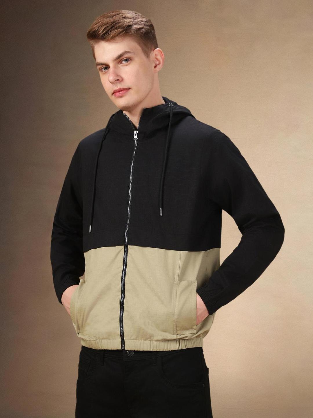 Men Khaki Color Block Regular Fit Jacket