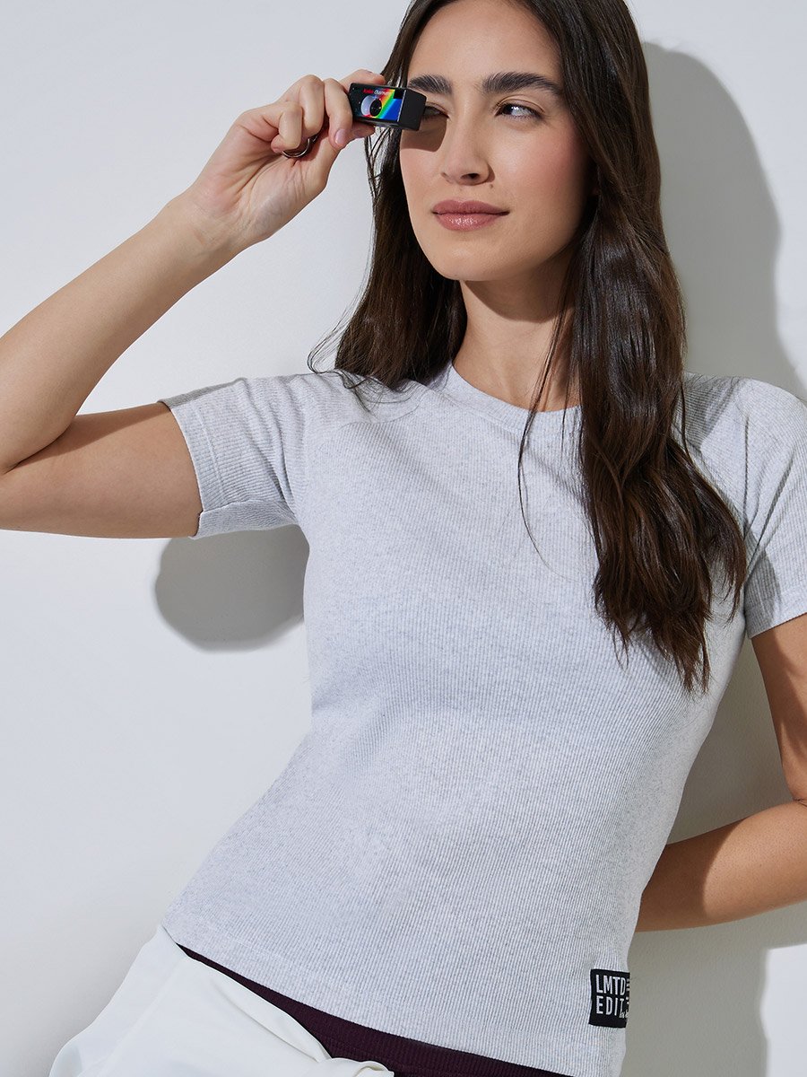 White Ribbed Round Neck Fitted T-Shirt with Patch Detail