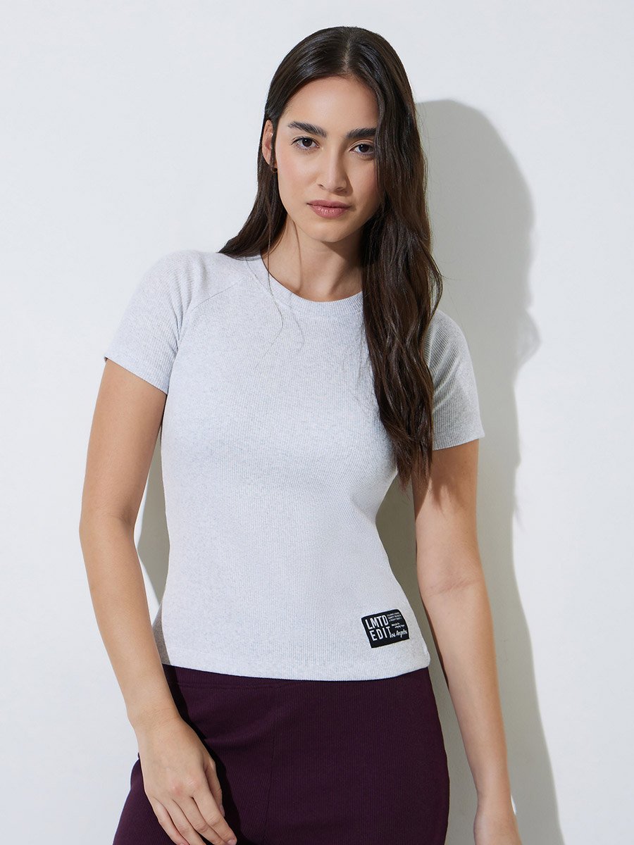 White Ribbed Round Neck Fitted T-Shirt with Patch Detail