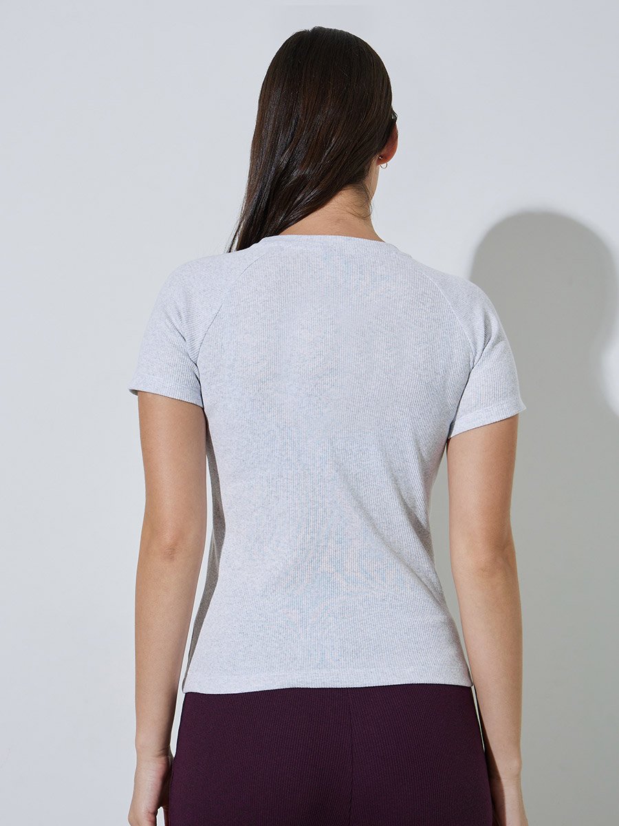 White Ribbed Round Neck Fitted T-Shirt with Patch Detail