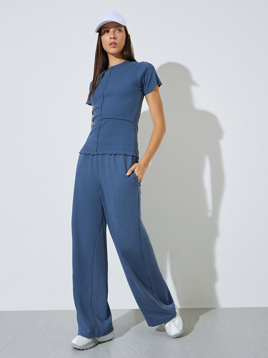 Blue Regular Fit Exposed Seam Ribbed T-Shirt