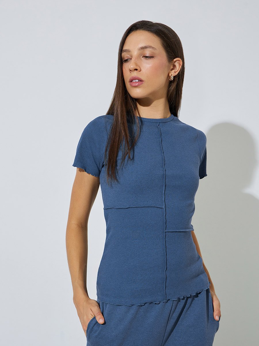 Blue Regular Fit Exposed Seam Ribbed T-Shirt