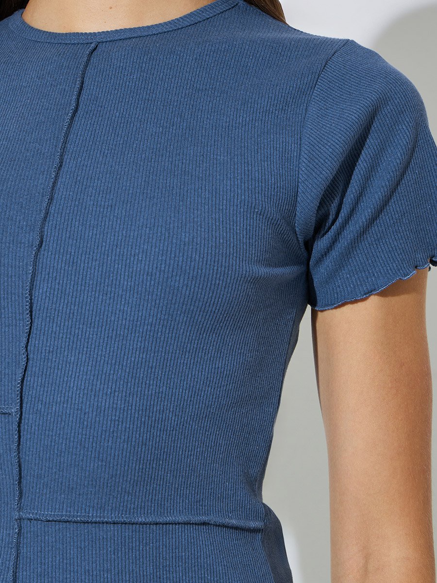 Blue Regular Fit Exposed Seam Ribbed T-Shirt