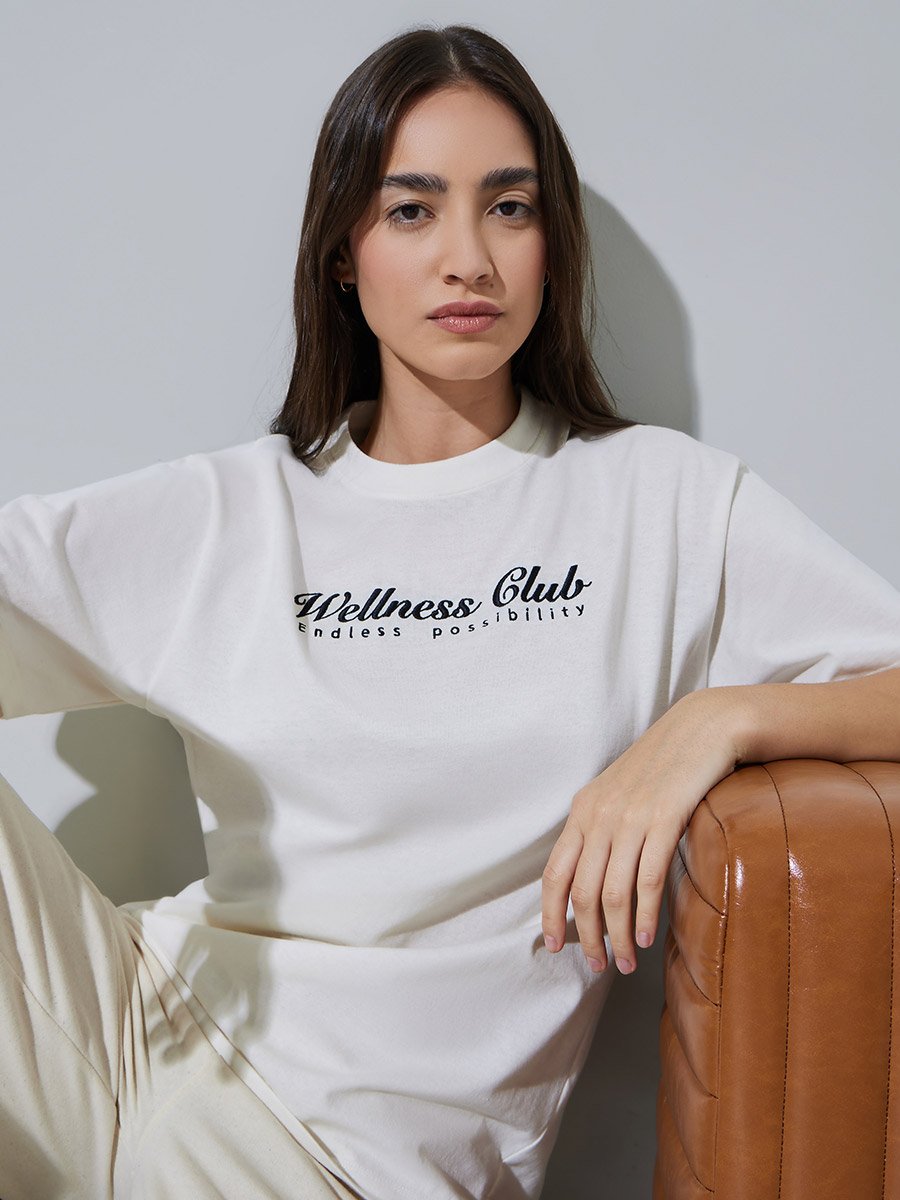 Cream Oversized Embroidered Cotton T-Shirt