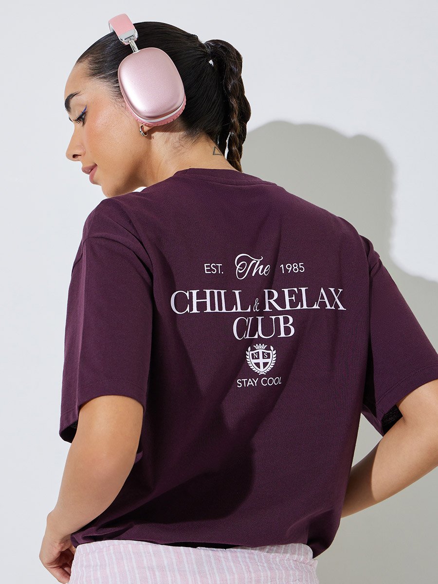 Purple Oversized Slogan Print Cotton Blend T-Shirt