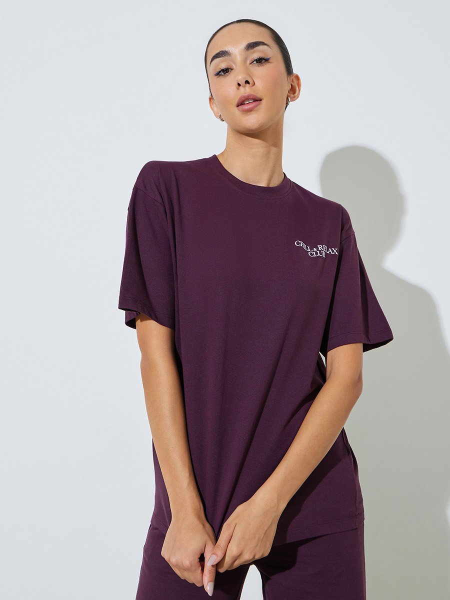 Purple Oversized Slogan Print Cotton Blend T-Shirt