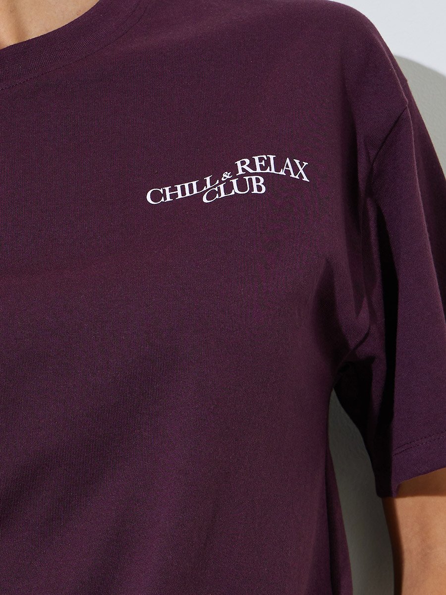 Purple Oversized Slogan Print Cotton Blend T-Shirt
