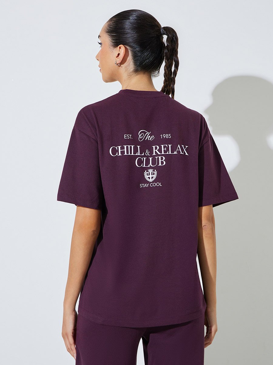 Purple Oversized Slogan Print Cotton Blend T-Shirt